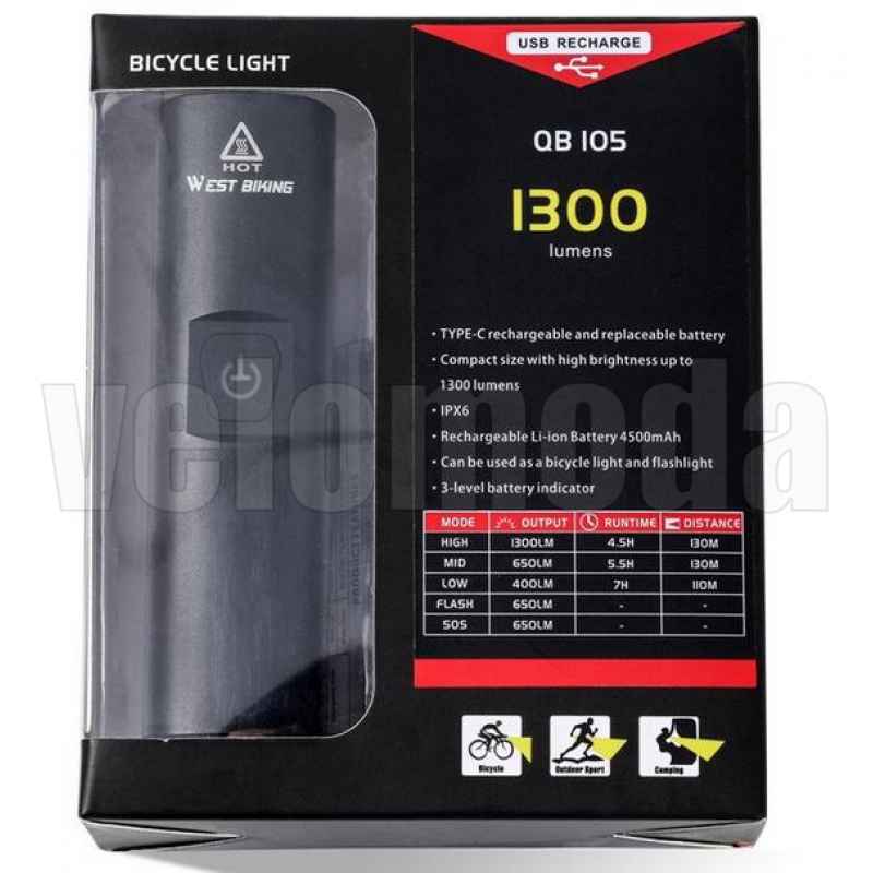Фонарь велосипедный QB105 1300lm, 4500mAh (чёрный)