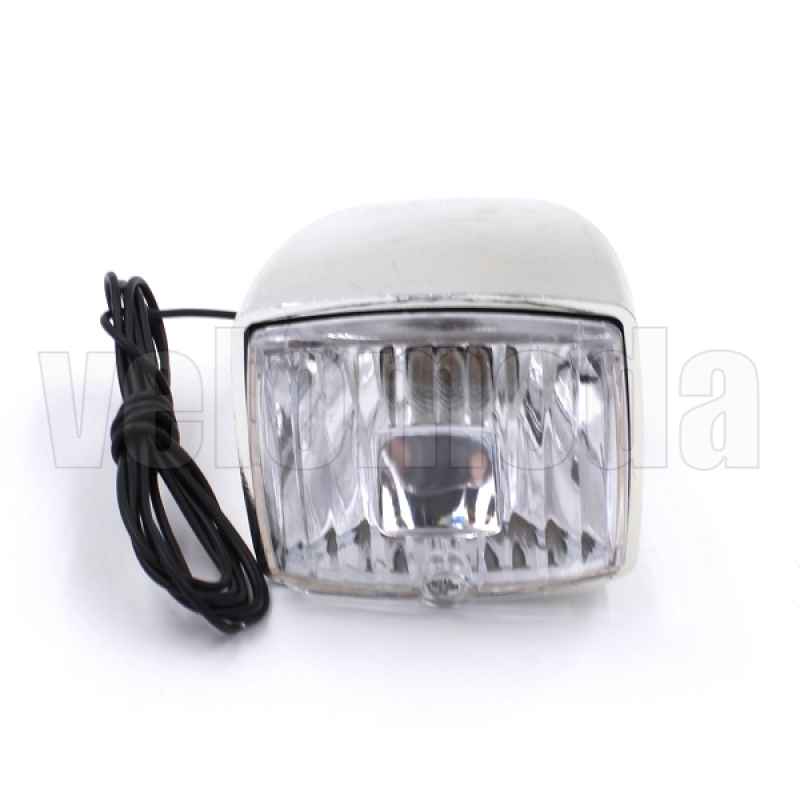 Фара передняя под динамку JY-058 с лампочкой, пластик, 6V (Хром)